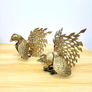 Vintage Solid Brass Pair of Fighting Cockerals Chicken Rooster Figurines